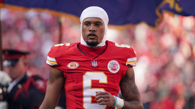 Oct 12, 2023; Kansas City, Missouri, USA; Kansas City Chiefs safety Bryan Cook (6) on field against the Los Angeles Chargers prior to a game at GEHA Field at Arrowhead Stadium. Mandatory Credit: Denny Medley-USA TODAY Sports  